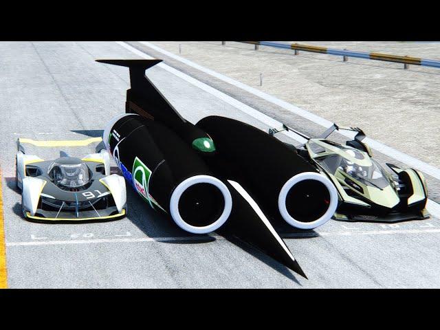 Lamborghini V12 Vision GT vs Thrust SSC vs Lamborghini Vision GT at Drag Race 20 KM