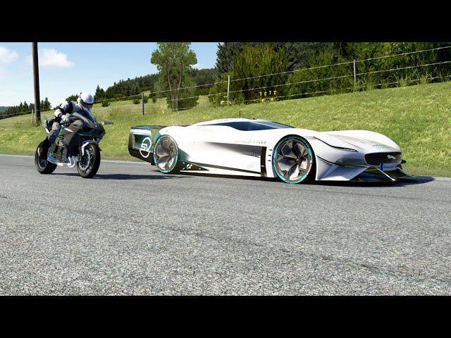 Kawasaki Ninja H2R Supercharged vs Jaguar Vision GT SV vs Mercedes-Benz AMG Vision GT at Old SPA