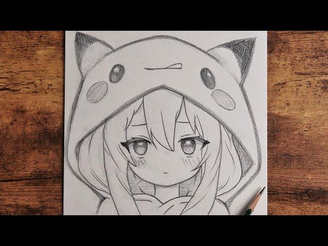 How to Draw Anime Girl | Easy Sketch Tutorial step by step | Cute Anime girl with Pikachu Hoodie