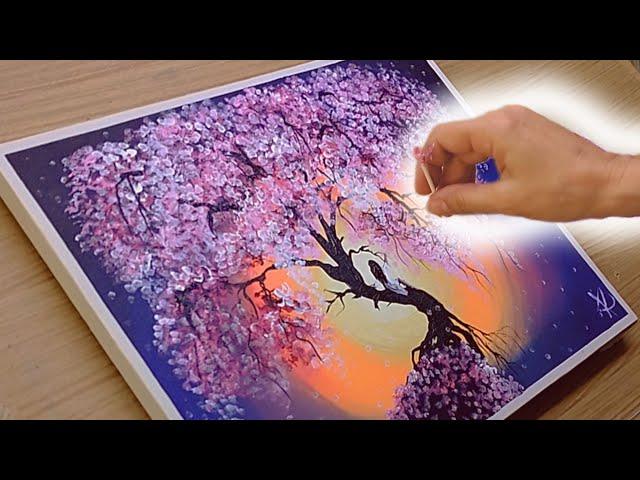 How to Paint Cherry Blosson Tree / Cotton Swab Technique/ Acrylic Painting step by step