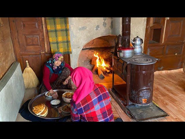 Life in a Wooden Village House. Traditional Village Food, Village Life