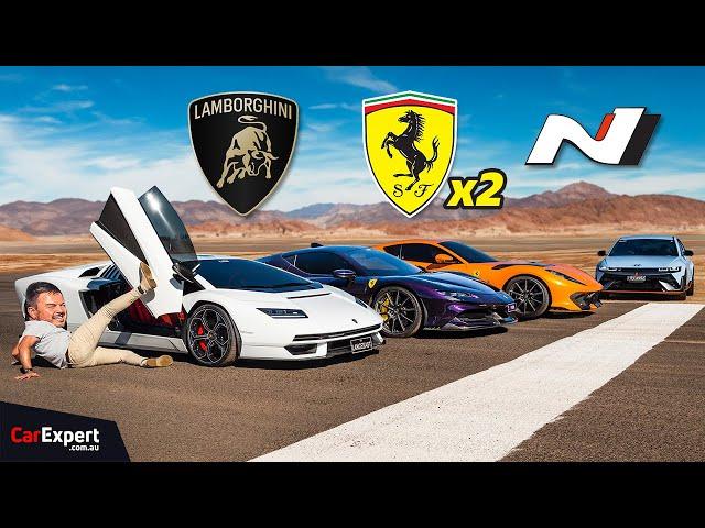 RARE $5m Lamborghini vs insane V8 Ferrari &…Hyundai EV drag race!