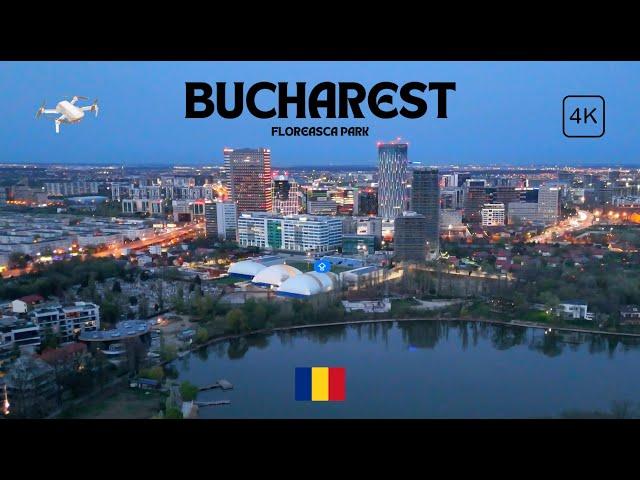 4K Bucharest Romania | Drone Flying Over Lake | Evening Charms | Park