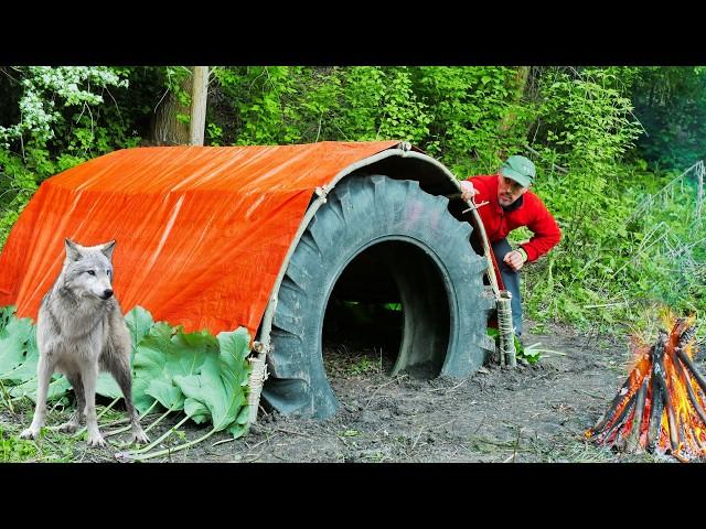 Epic Bushcraft Shelter: Willow Dome, Tarp Cover & Entrance Made from an Old Tire