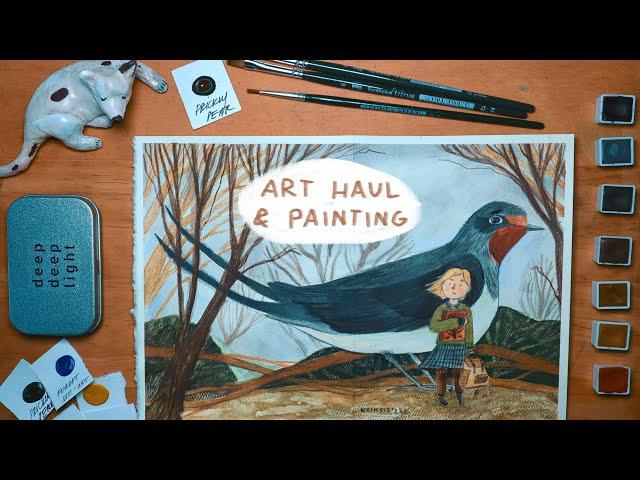 Cozy deep deep light watercolour swatching session + painting magical woodland bird illustration. 