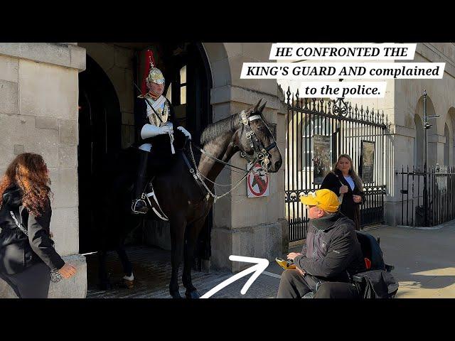 Man in Wheelchair Confronts King's Guard and Complains to the Armed Police Officers at Horse Guards