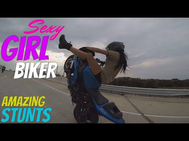 Beautiful Girl Biker Performs AMAZING Highway Motorcycle Stunts Riding Long Stunt Bike Wheelies