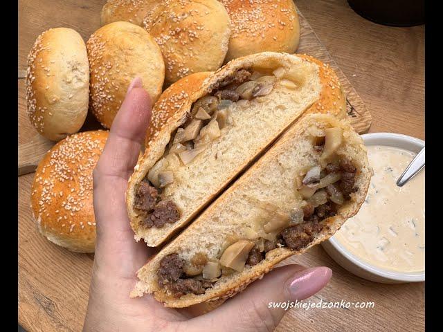 Buns stuffed a'la burger, a simple recipe for delicious buns with meat, mushrooms and onions