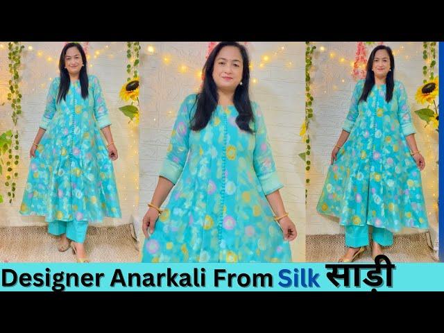 Designer Anarkali From Silk Saree|Reuse Old saree|without Joint Anarkali cutting stitching #meesho