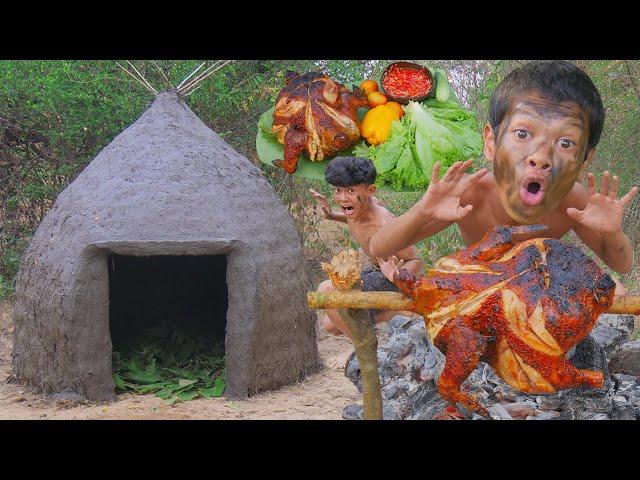 Bushcraft earth hut Building complete and warm survival &Cooking chicken #000152