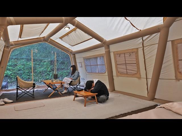 Large air tent camping! It's like a 5-star hotel! Hard work setting up the tent
