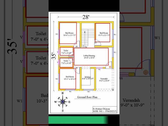 28' X 35' 3BHK HOUSE PLAN