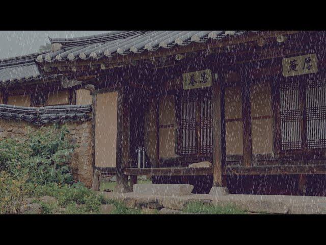 Soothing rain sounds in a Korean Hanok provide a sweet dream for a cat.