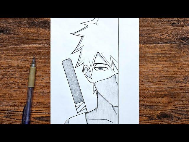 Easy anime half face drawing | How to draw Kakashi step by step | easy anime ninja tutorial