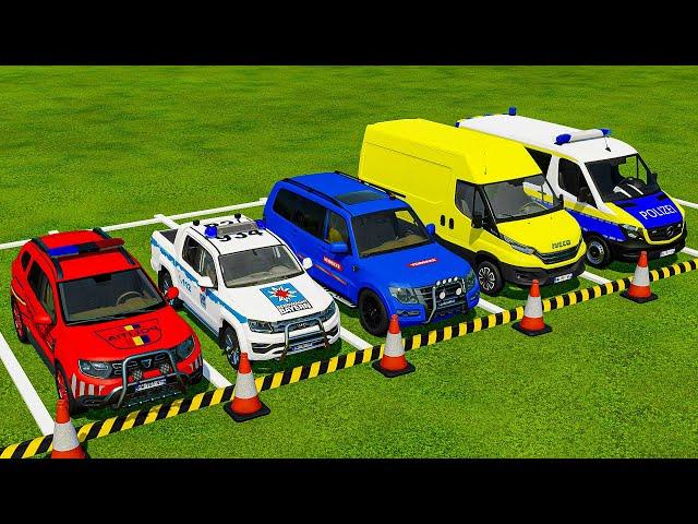 TRANSPORTING POLICE, AMBULANCE, TESLA, CHEVROLET CARS & VOLKSWAGEN POLICE ! Farming Simulator 22