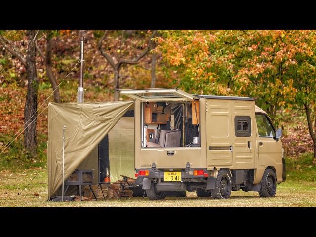 Cozy Autumn Car Camping with a Wood Stove | Japanese Kei-Truck | Relaxing nature ASMR