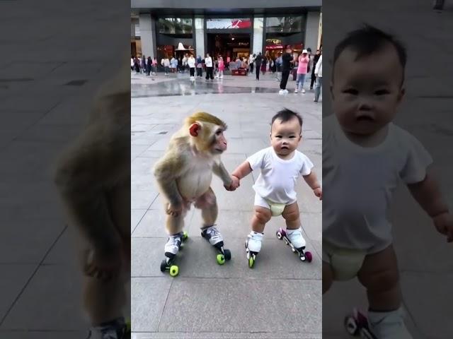 The little monkey had so much fun with the baby!  skatingrink cute baby little monkey cute pet deb