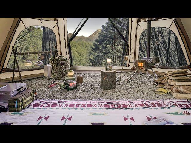 Camping in a Hot Tent | Relax Solo Camping with Forest Winds and Wooden Firewoods