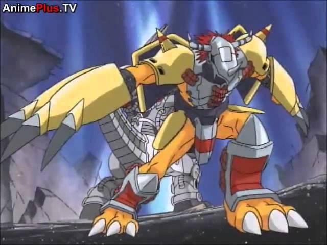 Agumon warp-evolves to Wargreymon and defeats Mugendramon (Japanese)