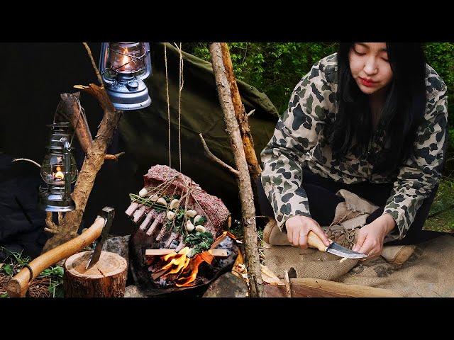 EP.1 숲속에서 나홀로 부시크래프트ㅣ솔로캠핑ㅣ일본 캠핑장비 소개ㅣ양갈비 램 구이ㅣ명란 반합덮밥ㅣBushcraft Solo Overnight Camping