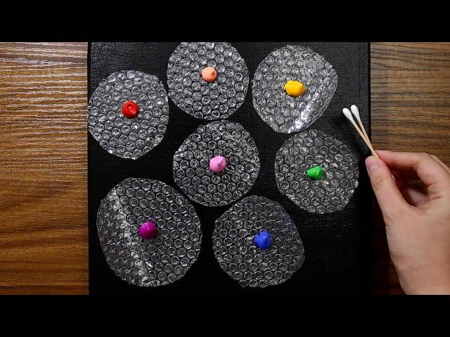 Easy Flowers Acrylic Painting With Bubble Wrap, Cotton Swab For Beginners on Black Canvas #975｜ASMR