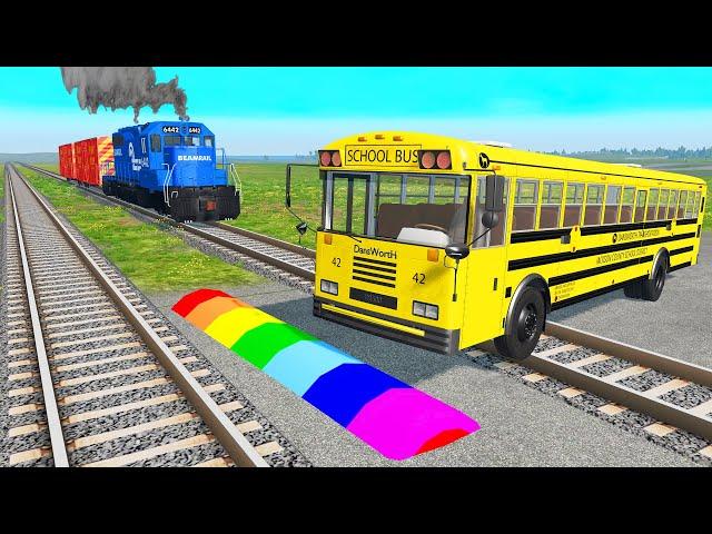 Long Flatbed Trailer Tractor Truck Rescue - Bus vs Railroads and Train - BeamNG.Drive