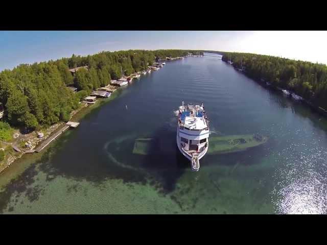 Great Blue Heron over the shipwrecks in Tobermory, Canada.