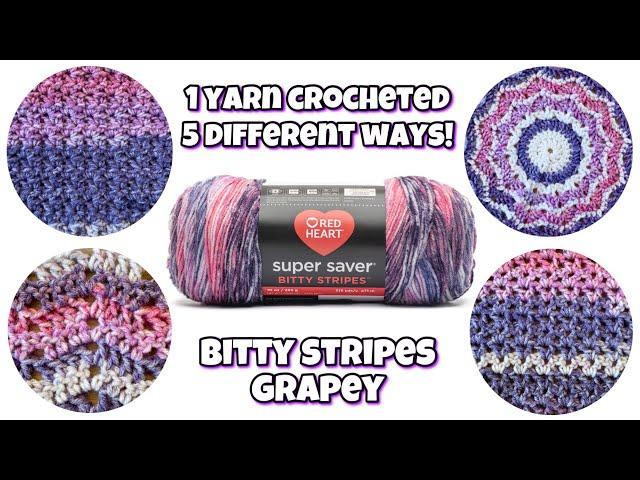 One Yarn Crocheted Five Different Ways! Red Heart Bitty Stripes Grapey #crochet #redheart #yarn
