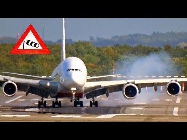 “Storm/Hurricane Xavier” Dangerous A380 slinging and bumpy crosswind landing at Düsseldorf airport