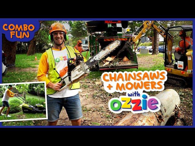 Chainsaws & Lawn Mowers & Tree Chopping Combo | Yard Work + Power Tools Video For Kids With Ozzie