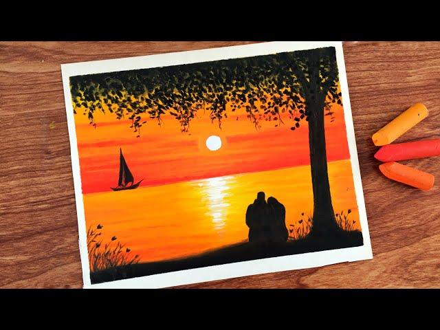 Oil Pastel Couple watching Sunset Painting for beginners | Oil Pastel Drawing