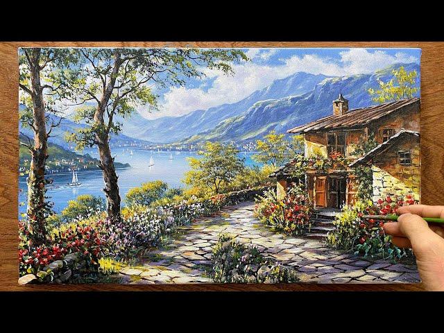 How to draw houses around a large lake / Landscape painting - Acrylic / Art painting / A Lu Art.