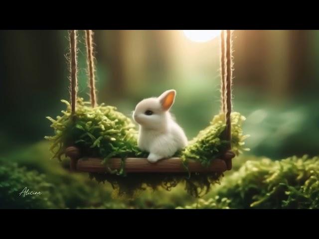 Cute tiny bunny on swing in a mossy forest