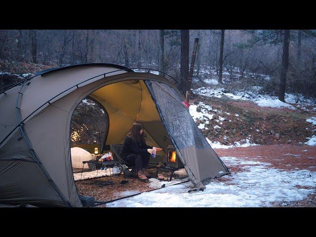 Solo Camping in the Snowy Forest. Sleeping in a warm bed, all the fatigue is gone | hot tent ASMR