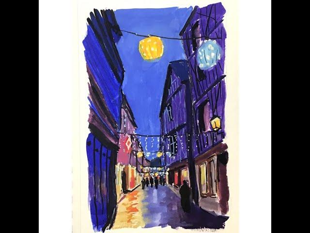 Gouache painting: Holiday lights in Tours, France