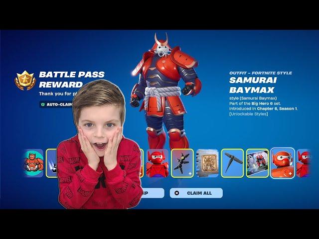 My 11 Year Old Kid Reaction Giving Him NEW Fortnite Battle Pass Tier 100 Skin Unlocking HERO 6 Skin