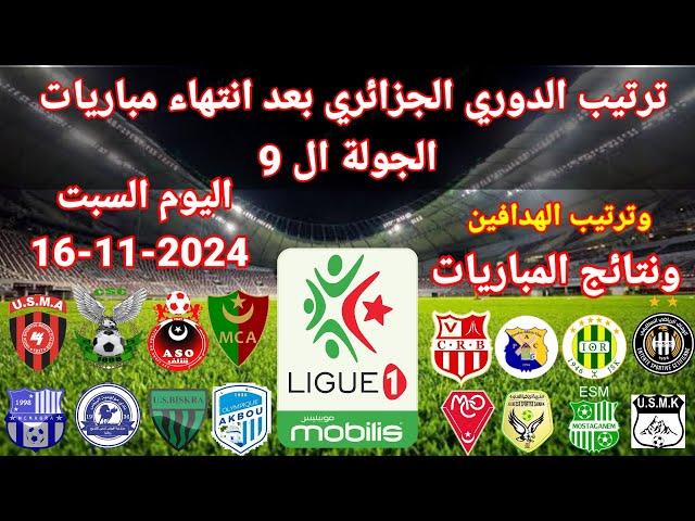 ترتيب الدوري الجزائري بعد انتهاء الجولة ال 9 اليوم السبت 16-11-2024 ونتائج المباريات وترتيب الهدافين