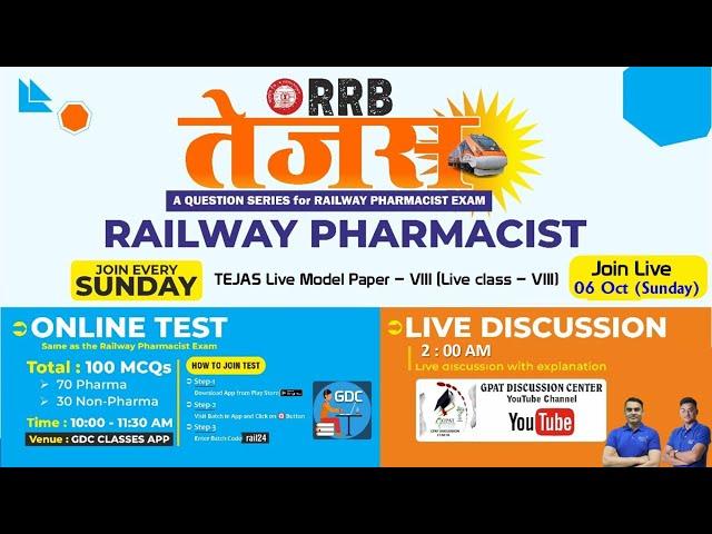 RRB TEJAS- RAILWAY PHARMACIST || MODEL PAPER- 8 || LIVE CLASS - 8 || #railwaypharmacist #tejas