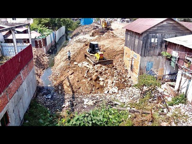 Best Action !! Bulldozer Pushing and Clearing Trash Filling The Land With Mini Dump Truck