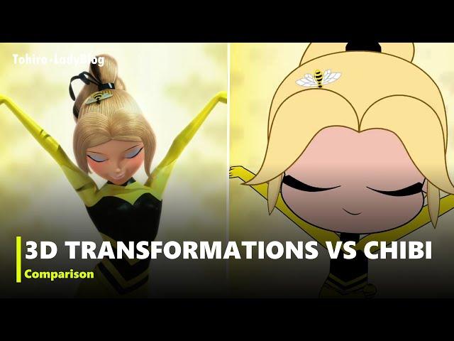 MIRACULOUS | Normal 3D Transformations vs Chibi Version Transformation Side-by-Side Comparison