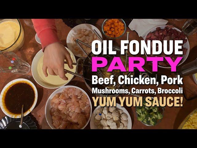 Party Food! Oil Fondue with Battered Chicken, Shrimp, Steak and Mushrooms.