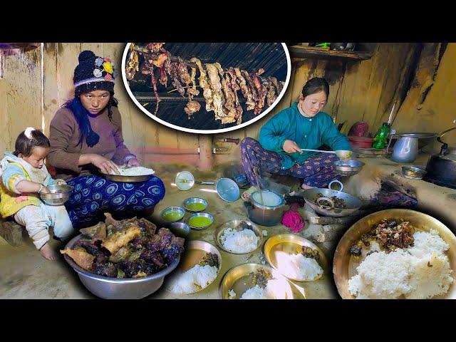 Buff dry meat & Intestines fry recipe with rice | Village style Buff Rice | New Nepali village vlog