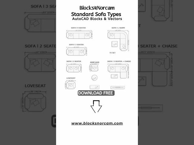 ️ Standard Dimensioned Sofa.  Free Download AutoCAD Blocks.