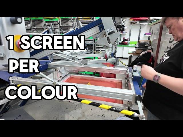 Screenprinting a simple 3 colour design upto 500 t-shirts per hour MHM automatic, custom t-shirts