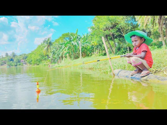 Best fishing video - Little young boy hunting big fish by fish hook in beautiful natural