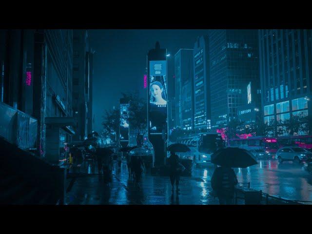 Rainy Cyberpunk Walking in Gangnam, Seoul 2022. 4K UHD 60fps