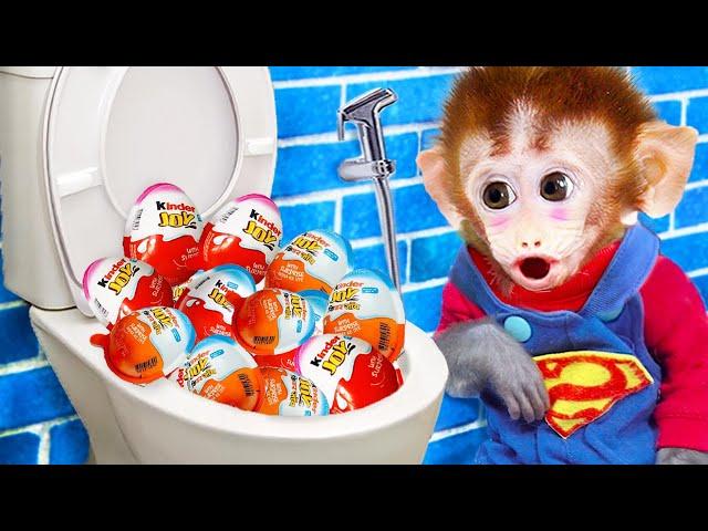 Monkey baby Bi Bon go to the toilet and eat Kinder Joy Eggs candy with puppy | Animals Home Monkey