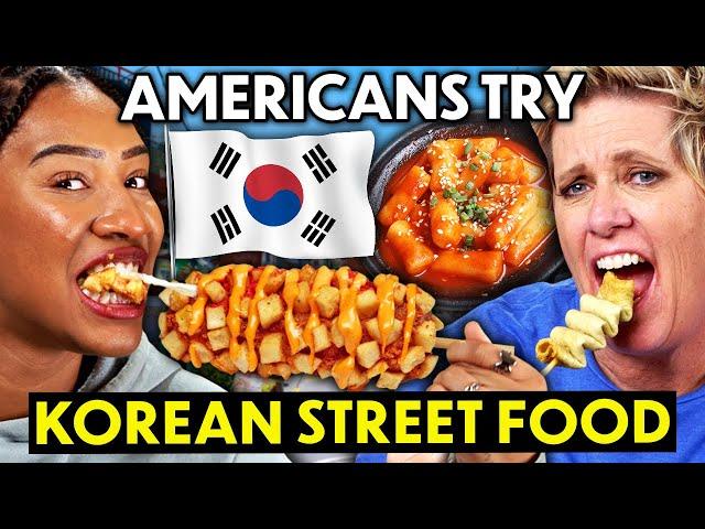 Americans Try Korean Street Food For The First Time! (Tteokbokki, Gimbap, Gamja-HotDog)