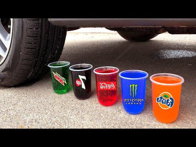 Crushing Crunchy & Soft Things by Car! EXPERIMENT CAR VS Fanta, CocaCola, 7up, M&T Dew, Balons