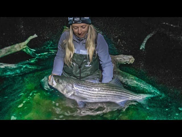 Fall Run Striped Bass School - Big Night Striper - Surf Fishing Long Island - Smooch and Release